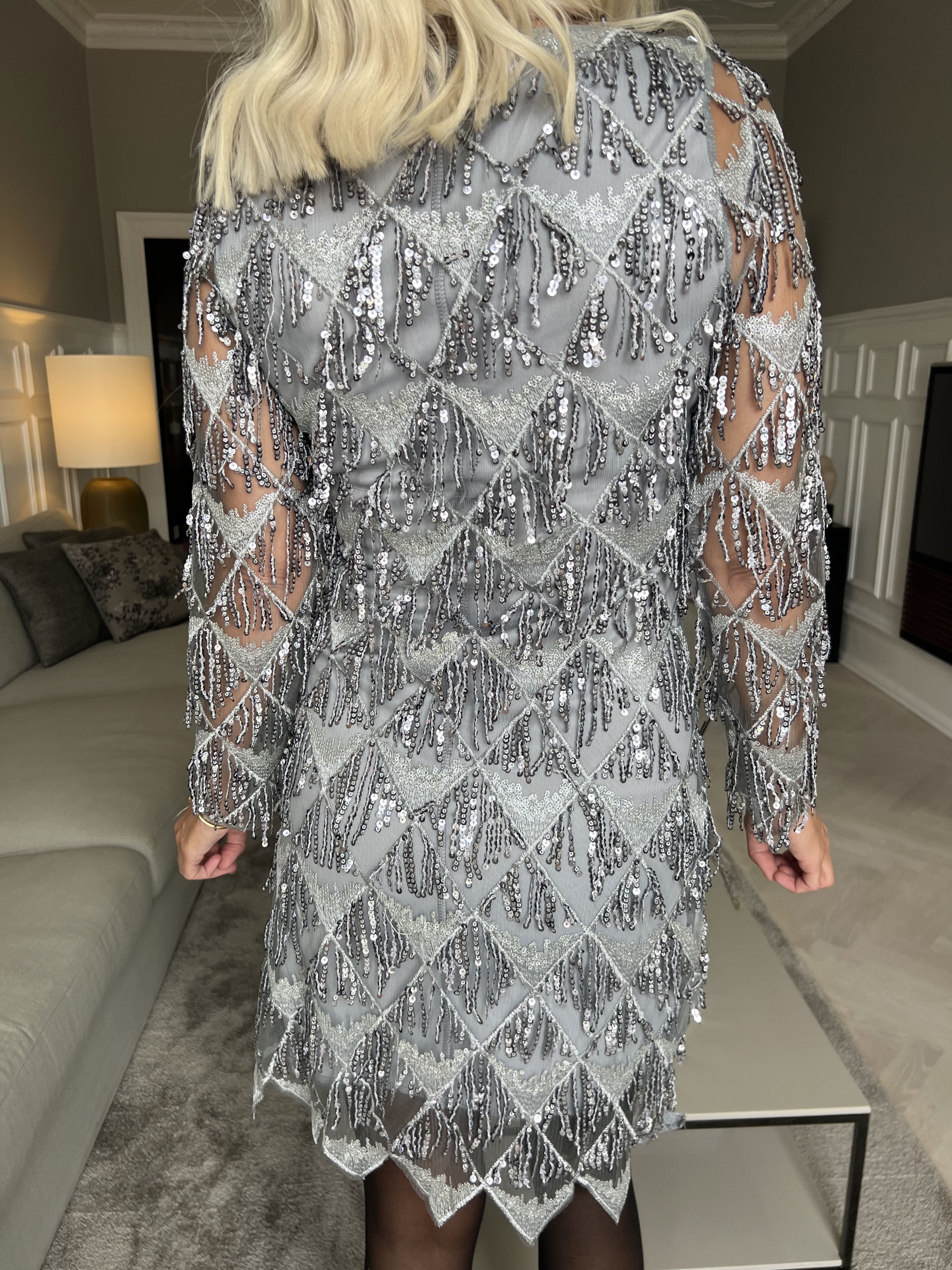 Sofie Long Sleeve - Grå och silvrig klänning med paljettfransar